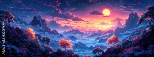 2D illustration of vibrant colors sunset to bring this world to life.