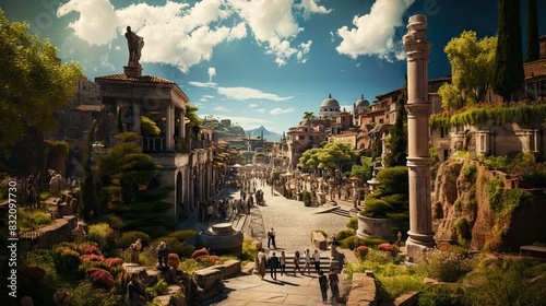 Lush visualization of an ancient Roman city street bustling with people and vibrant flora