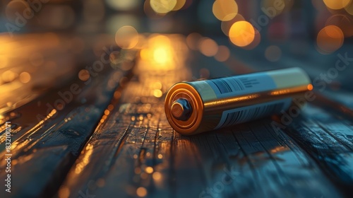 A single battery on a wooden background with a blurred backdrop suitable for advertising