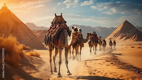 A picturesque scene of a camel caravan with laden saddles walking through the desert with the pyramids in the background