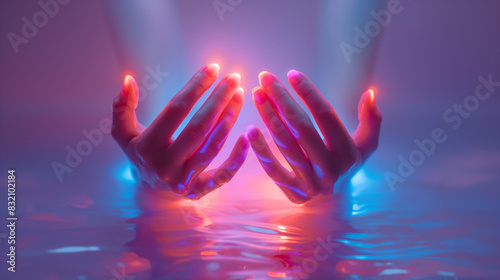 Colorful underwater hand symbol background. Magic water in woman hands.
