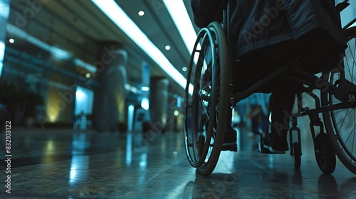 Wheelchair in modern airport hallway. Travel and accessibility. Dynamic blur effect emphasizes movement. Purpose is to depict mobility solutions in busy transit areas. AI