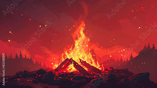 A bonfire burns brightly against a dark red sky. The flames are licking at the night sky. The fire is surrounded by a dark forest.