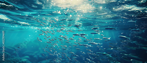 flock of young small school fish under water background ocean