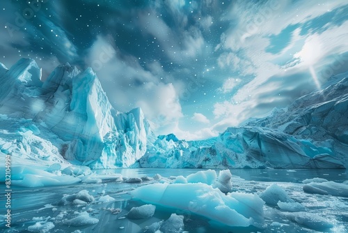 Creative amazing view of a glacier with shimmering ice sculptures and aurorafilled skies, classic styles color, sharpen landscape
