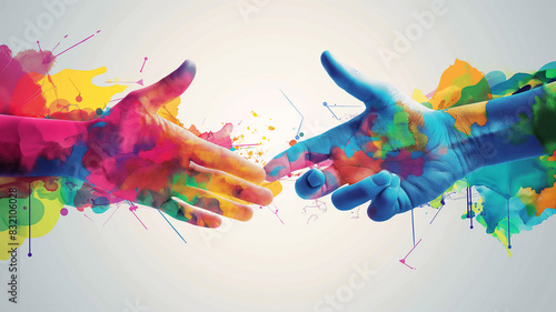 Two hands reaching out with colorful paint splashes, symbolizing creativity and connection.