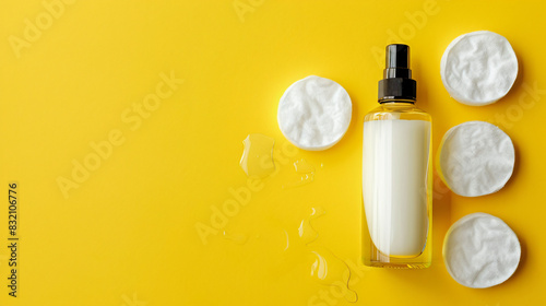 Bottle of makeup remover and dirty cotton pads 