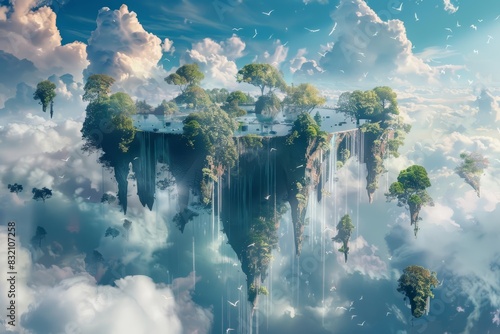 Frame mockup, a surreal landscape with floating islands, waterfalls cascading into the sky, and fantastical creatures, sparking creativity and wonder