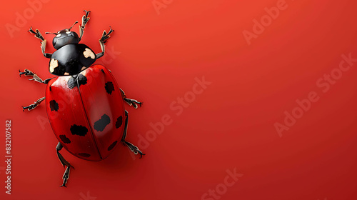 A red ladybug sits on a red background. The ladybug has black spots on its back and white spots on its head. Its antennae are black and white.