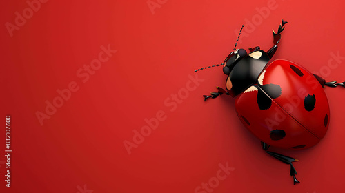A cute ladybug is sitting on a red background. The ladybug has a shiny red back with black spots and black head with white dots.