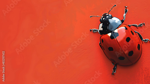 A red ladybug sits on a red background. The ladybug has black spots on its back and white spots on its head. The ladybug is facing the viewer.