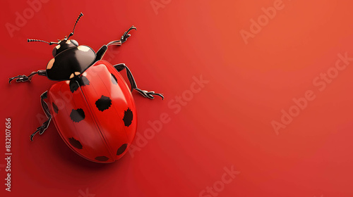 A red ladybug with black spots on its back is sitting on a red background. The ladybug is facing the viewer and has its wings closed.