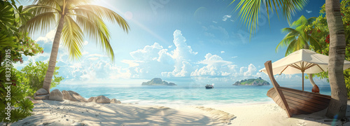 A panoramic view of the beach with palm trees, white sand and blue sky. There is an area for sunbathing. A boat floats in it. The background shows distant islands. A vibrant scene of summer vacation.