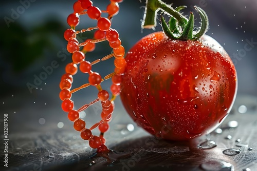 GMO food and genetically modified crops concept with an illustration of a tomato spliced with a DNA helix, highlighting the science behind modern agriculture