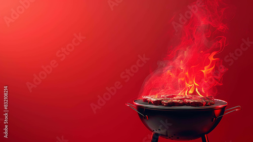 A charcoal grill is burning with a bright flame. It is isolated on a red background with copy space.