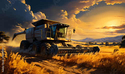 Combine harvester harvests wheat at sunset