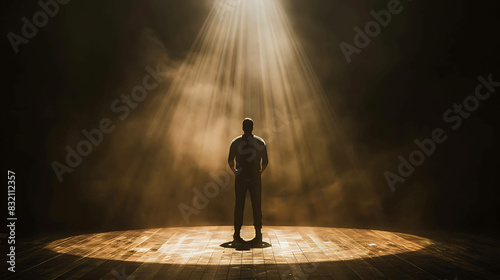 Standing alone on a wooden stage illuminated by a single spotlight.