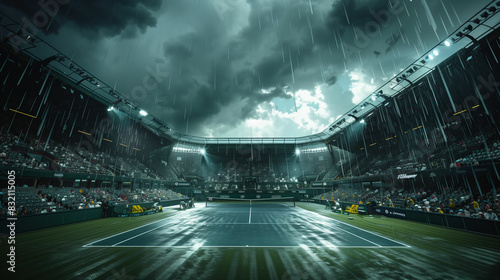 Intense tennis match on court with stormy sky
