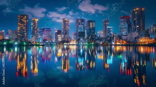 City lights reflecting off the water at night. The city is full of skyscrapers and the water is calm and still.