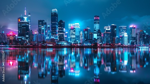 Cityscape of a modern city with skyscrapers and lights reflecting in the water.