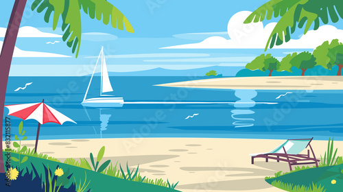 Tropical sandy beach with palm trees and mountains. Sea and yacht, lagoon. Concept of travel, trip, vacation, relaxation. Flat background, digital. Banner, poster.