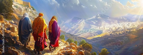 Three people in robes walk along a mountain path, with a breathtaking view of the distant city below.