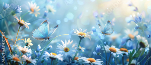 Bello fondo de primavera en tonos azulados en un campo lleno de margaritas y dos mariposas azules, con fondo bokeh brillante desenfocado