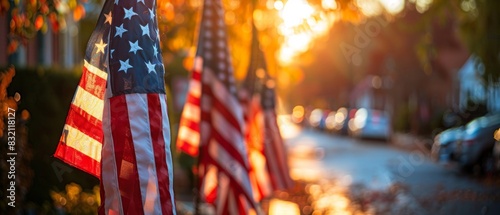 Patriotic display of American flags in a city square, Memorial Day