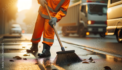 Detailed close-up of a street cleaner sweeping a street in a small town. Janitor, paved street, collecting dirt and leaves.
