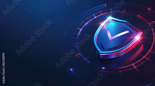 3D rendering blue and red glowing shield with check mark on futuristic blue background.