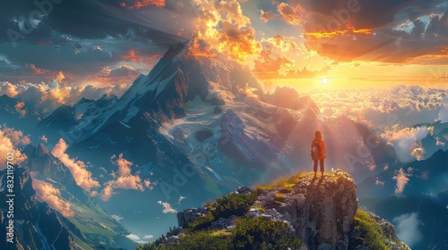 A lone hiker stands on a mountaintop, overlooking a stunning sunrise with dramatic clouds and distant peaks, capturing nature's grandeur.
