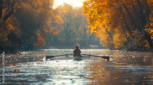 Autumn rowing on a tranquil river surrounded by colorful fall foliage, capturing the serene nature and outdoor adventure spirit.