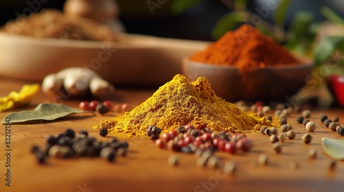 colorful piles of indian spices on wooden table
