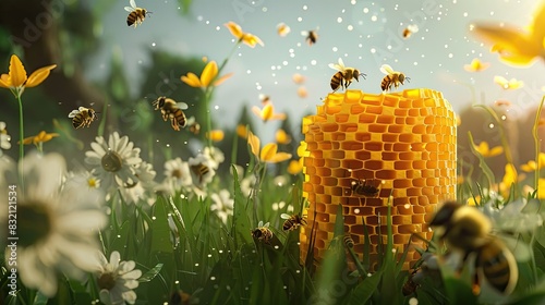 Beehive with visible honeycomb frames and bees at work. Pollination, pollen, beehive, insects, apiary, nature, beekeeping, agriculture, village, domestic bees, honey. Generative by AI.