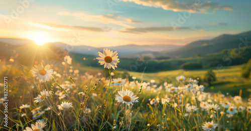A beautiful spring landscape with rolling hills and daisies in full bloom under the warm sunlight. The background features green meadows.