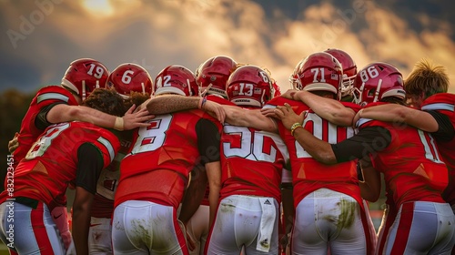 American football player huddling together during timeout, support, discipline. Competition, winning spirit, rugby, fumble, traumatic sport, match. Leisure concept. Generative by AI.