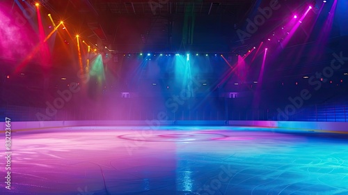 Hockey arena with colorful lights illuminating the ice. Hockey, break between matches, reflections, bright lighting, skating, performance on ice. Generative by AI.