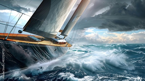 Sleek racing yacht racing through waves, wind, sailboats cut through ocean, calm sea, sun, realistic style, resort vacation, swimming, expensive outdoor recreation. Generative by AI.