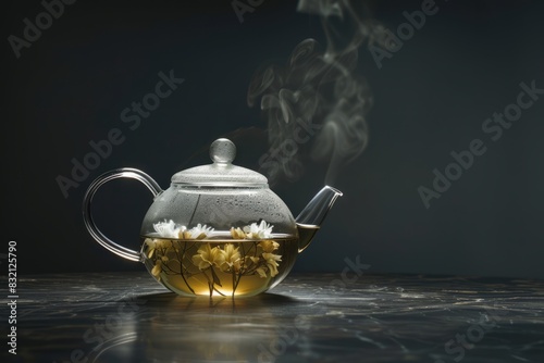 A delicate glass teapot infused with blooming jasmine tea on a simple, matte black surface with soft backlighting.