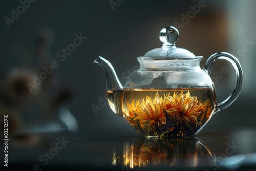 A delicate glass teapot infused with blooming jasmine tea on a simple, matte black surface with soft backlighting.