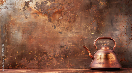 Rustic copper kettle on a wooden table against a copper-colored background. The kettle is old and has a spout and a handle.