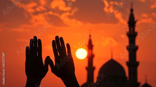 The image is a silhouette of a person with their hands raised in the air in front of a setting sun. The sun is orange and the sky is a deep pink.