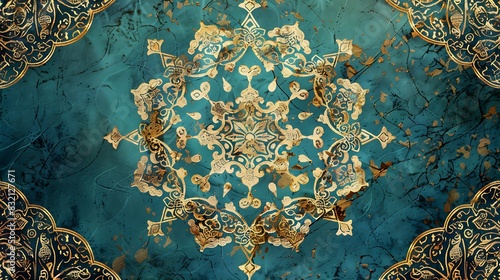 Luxury gold and blue ornamental mandala design with a grunge texture.