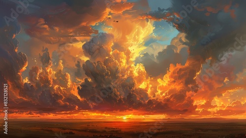 A dramatic sky with towering clouds illuminated by the intense light of a setting sun, casting a fiery glow across the horizon