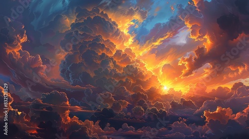 A dramatic sky with towering clouds illuminated by the intense light of a setting sun, casting a fiery glow across the horizon