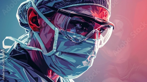 Detailed depicting a surgeon mentally and physically preparing for an upcoming medical procedure with a focus on the adjustment and positioning of their protective surgical mask as they get ready to