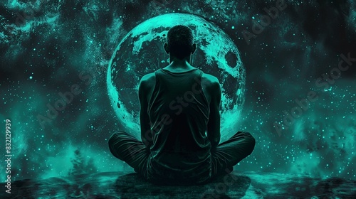 A person meditating with the moon in the background, with a turquoise glow effect, in a dark fantasy style, in a fantasy art style, in a cinematic style
