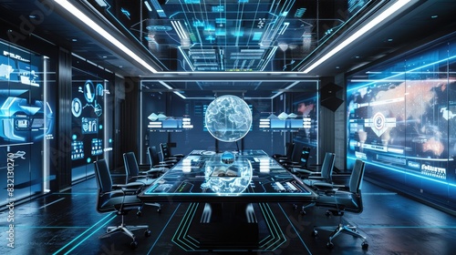A futuristic conference room with transparent screens, holographic presentations, and advanced communication tools