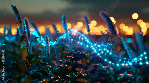 A 3D holographic projection of a DNA strand within a crop field, symbolizing the genetic enhancement of plants, with copy space