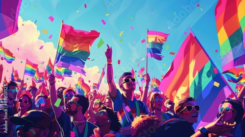 Vibrant and Joyful LGBTQ Pride Event with a Crowd of Participants Waving Colorful Bi Color Flags and Enjoying Festive to Promote Diversity and Visibility for the Community